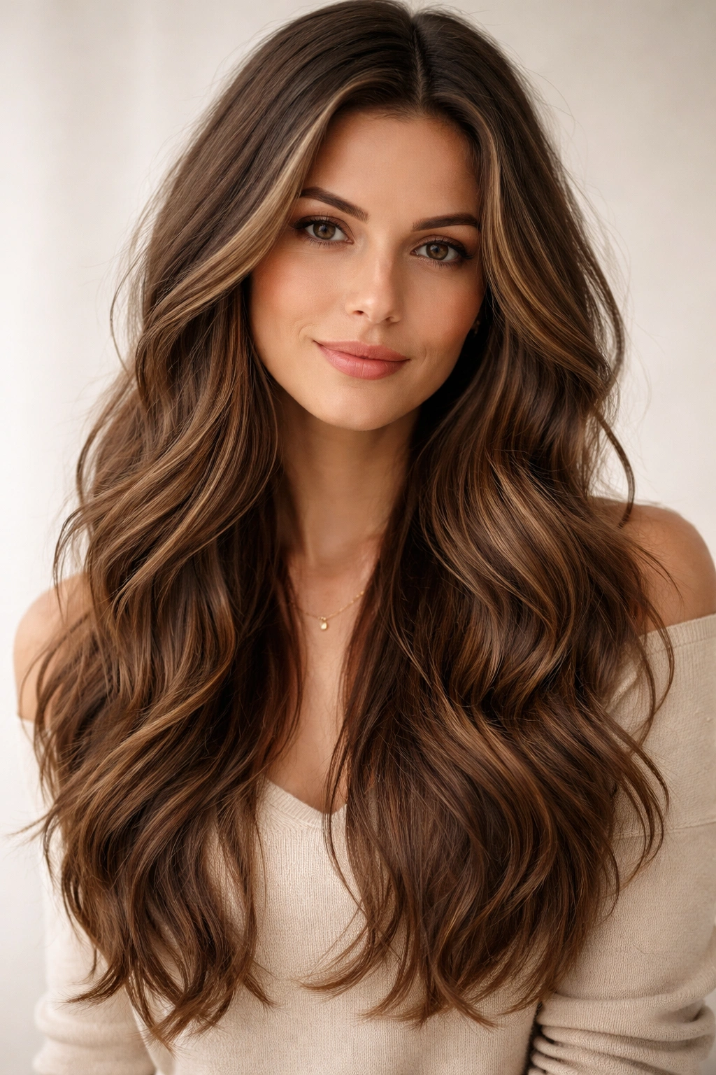 Portrait of a person with long wavy hair with subtle layers visible when waved