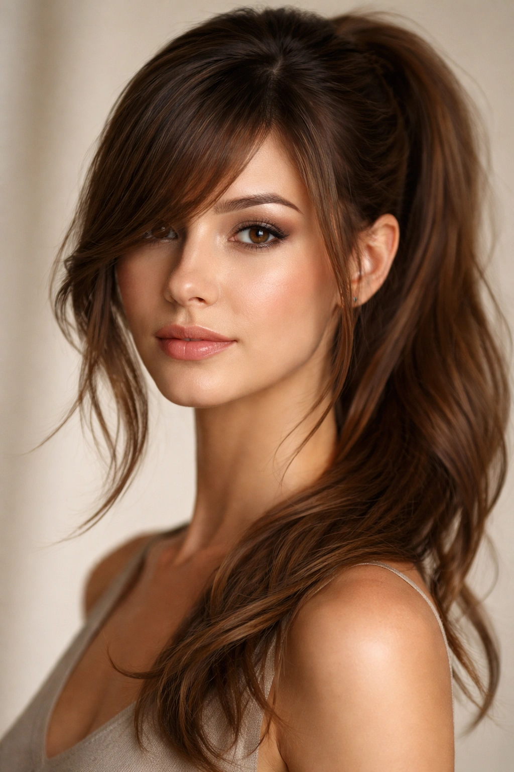 Close-up of an oval-faced model with long side-swept bangs