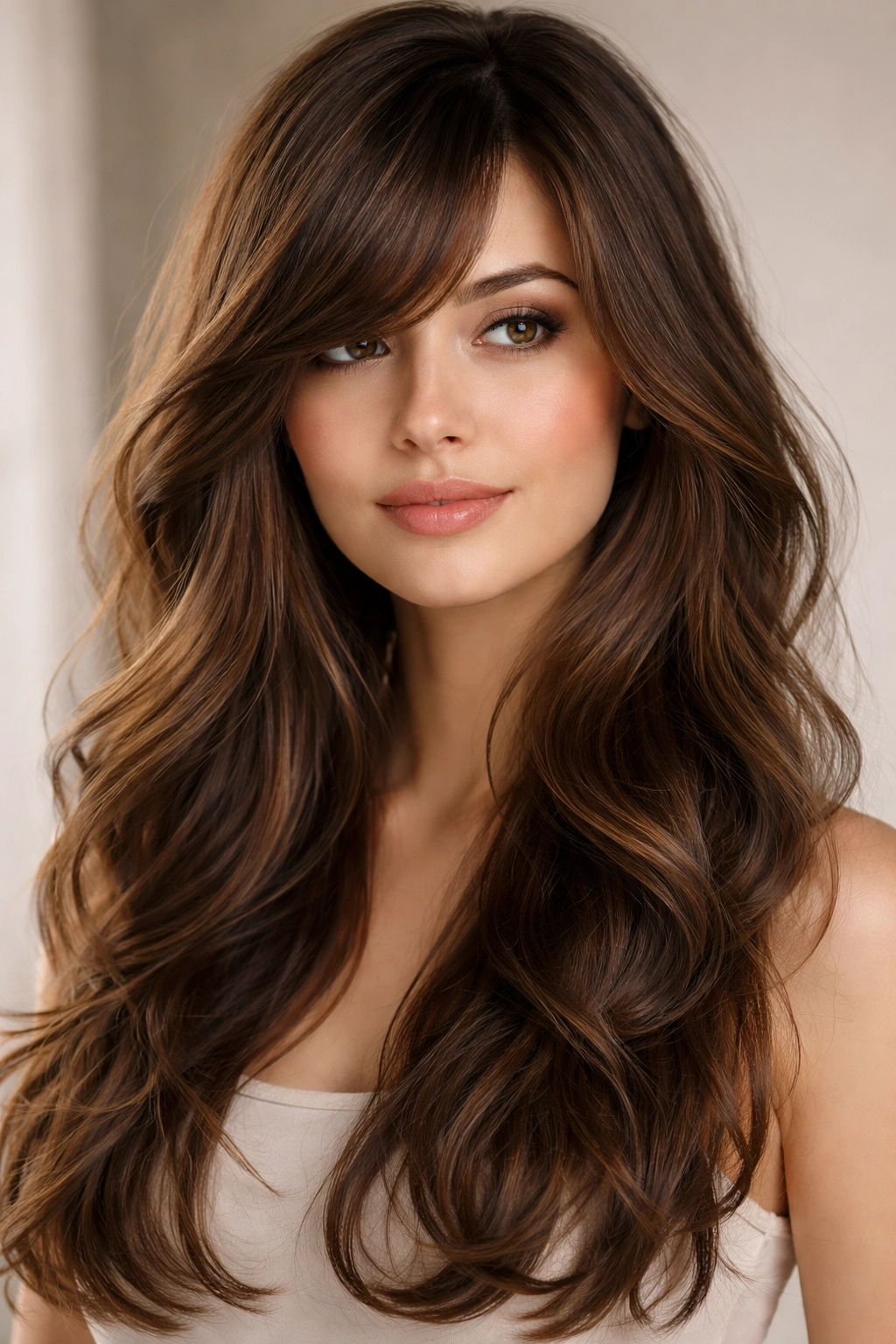Portrait of a model with long wavy layers and side-swept bangs against a neutral studio backdrop.