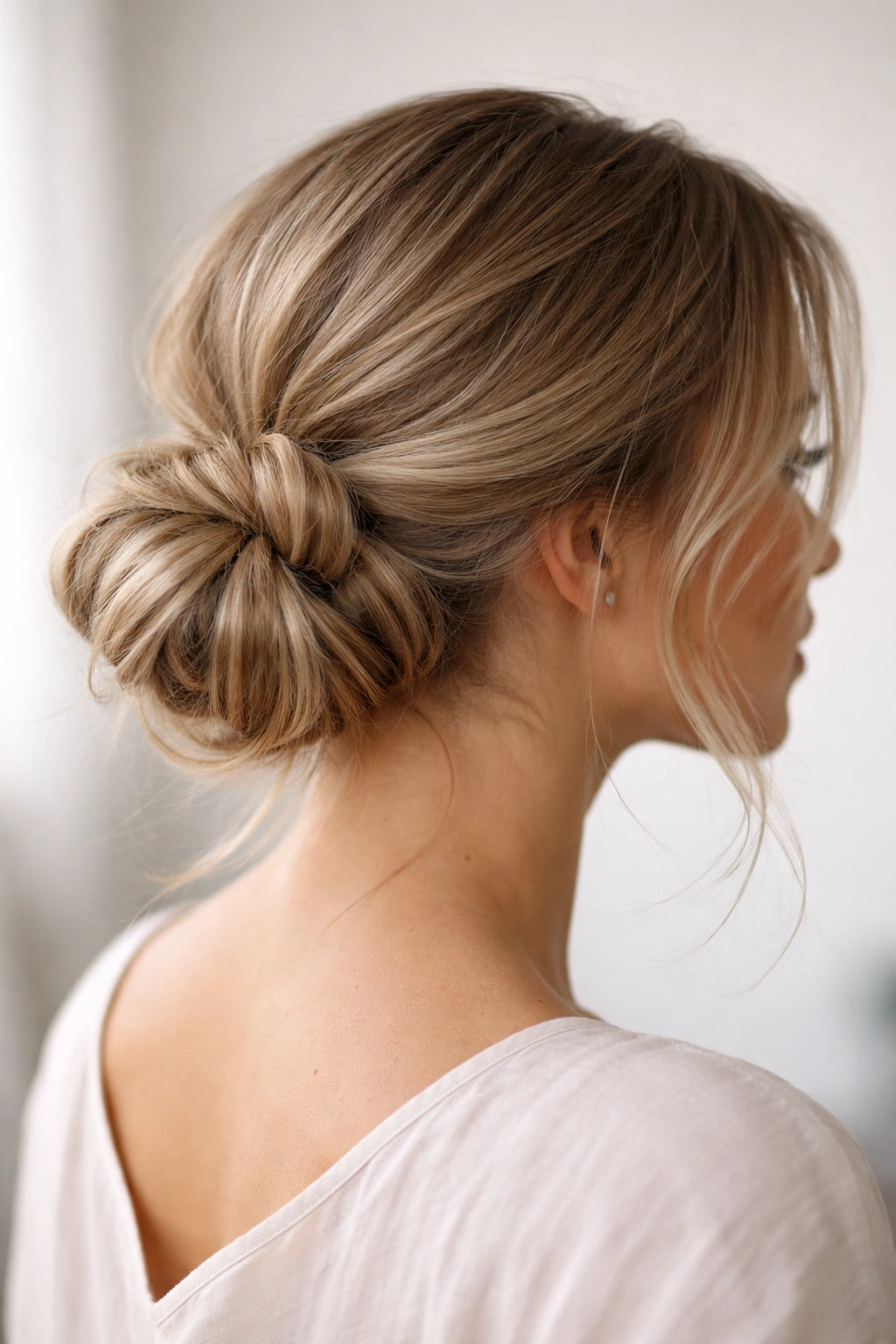 Close-up of a looped low bun with multiple visible soft loops around the base.