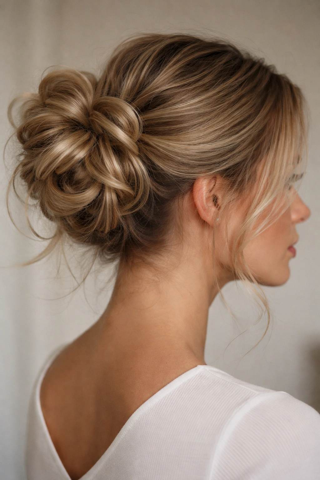 Loops radiating from a mid-height bun creating a sculptural messy look