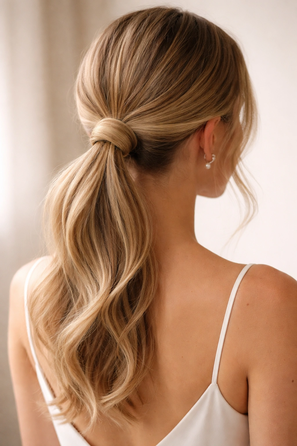 Back view of a looped ponytail with a base loop and loose ends