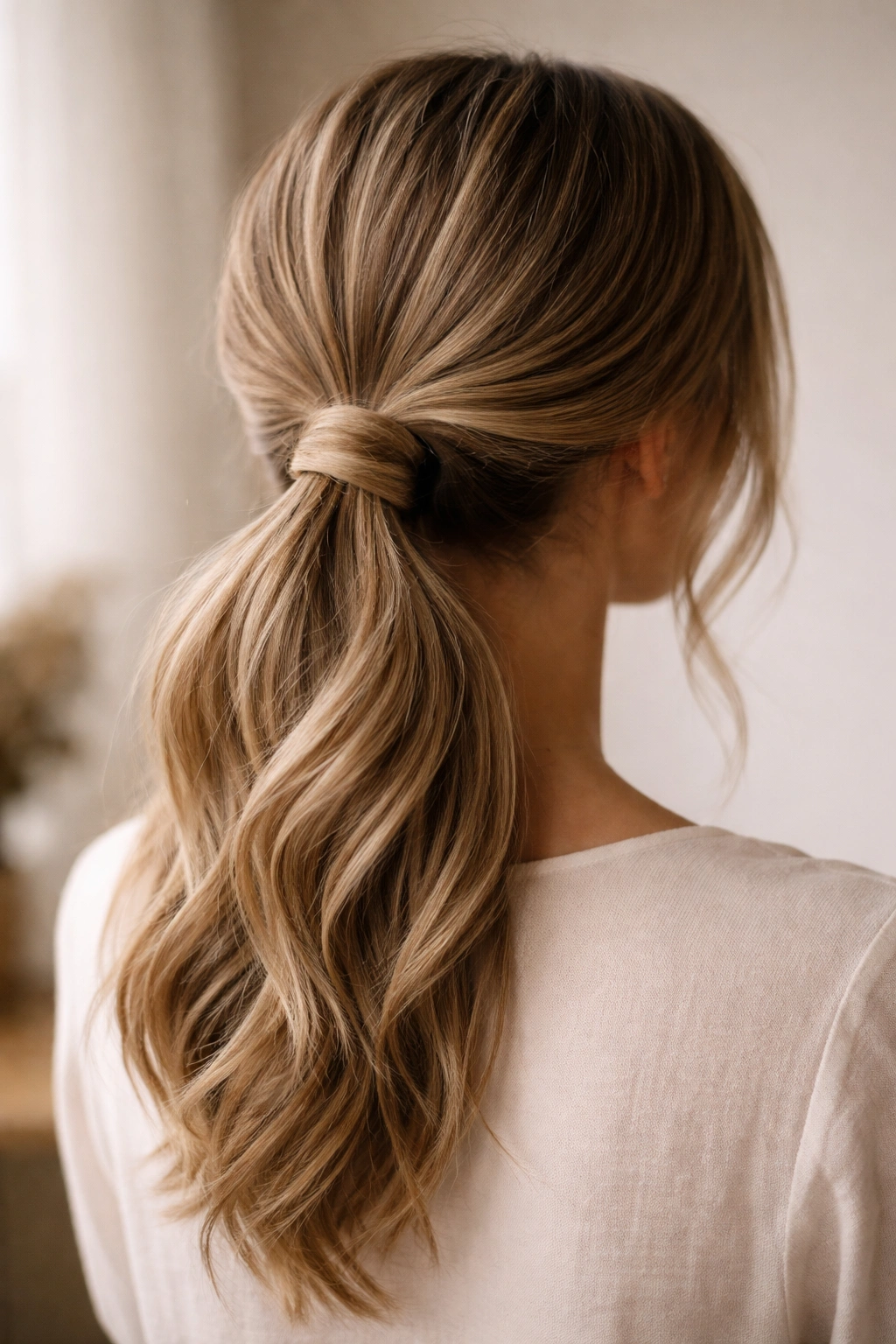 Looped low pony at base with hidden elastic creating a loop