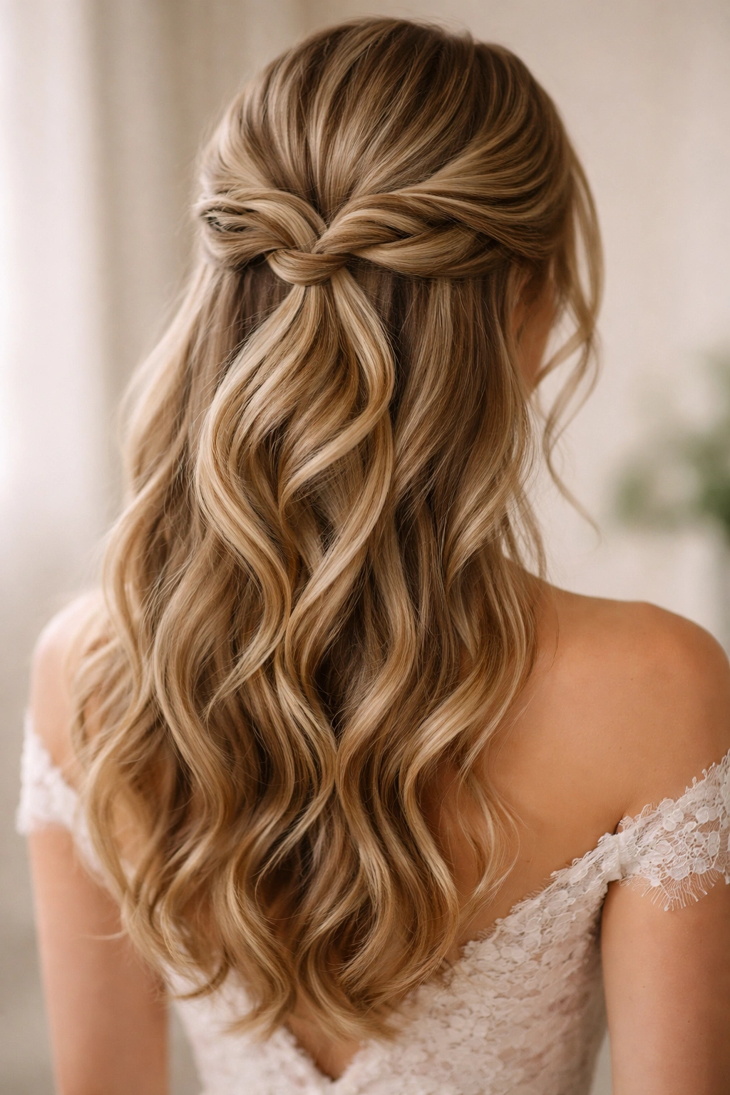 Close-up of a bridal half-up hairstyle with looped twists at the back and flowing waves