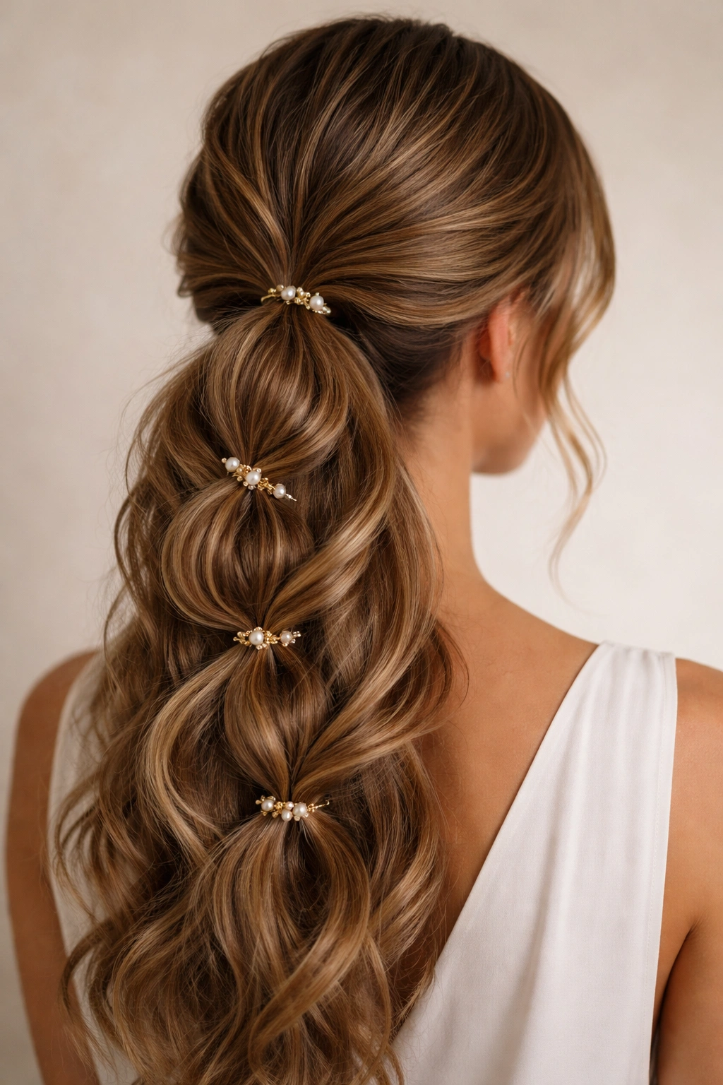 Close-up of a low ponytail with loops and decorative pins in wavy hair