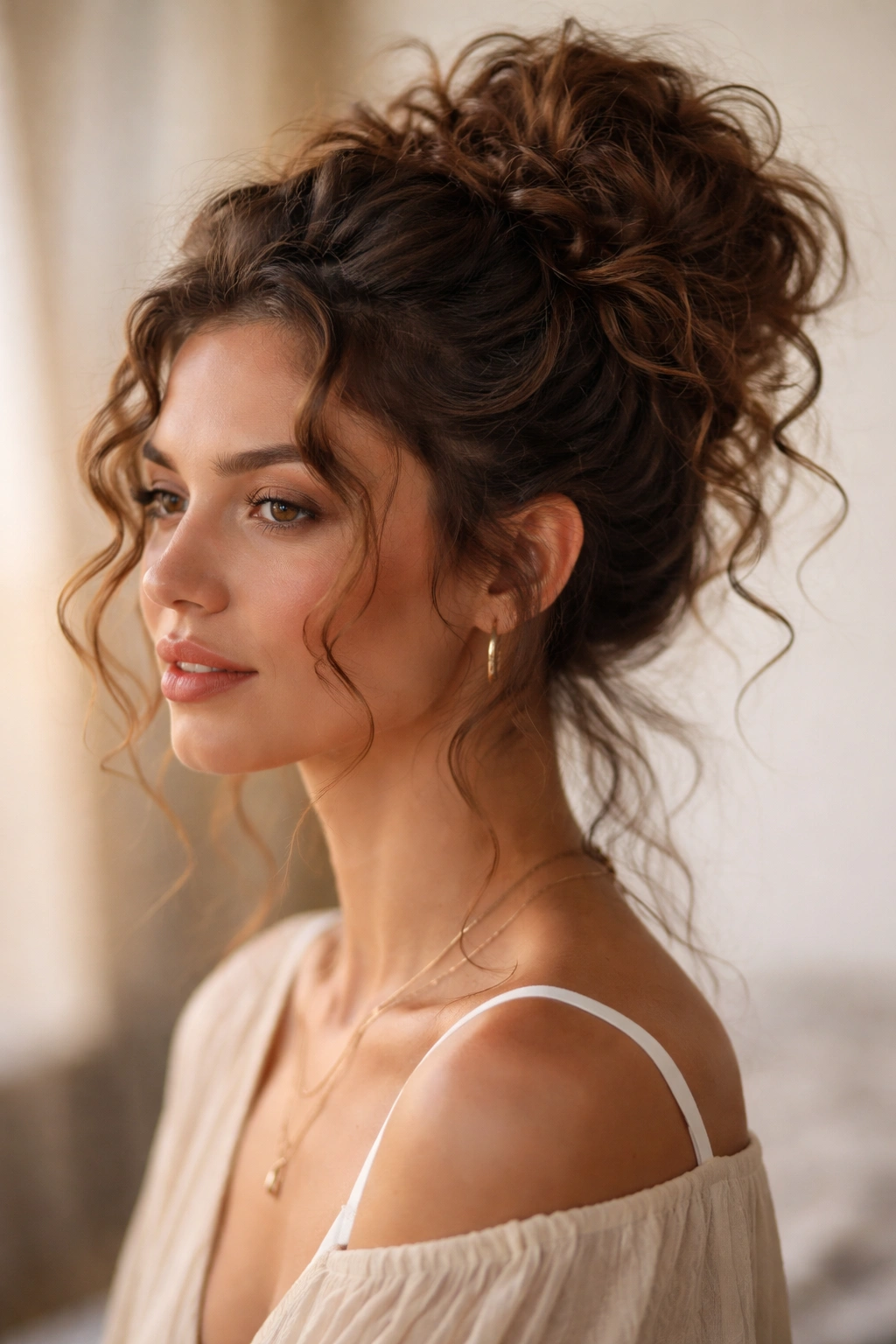 Three-quarter view of loose bohemian updo with curls escaping