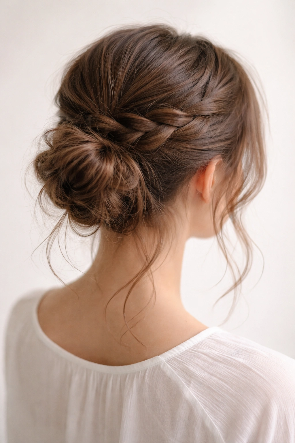 Close-up of a crown-wrapped loose braided wrap bun on soft hair