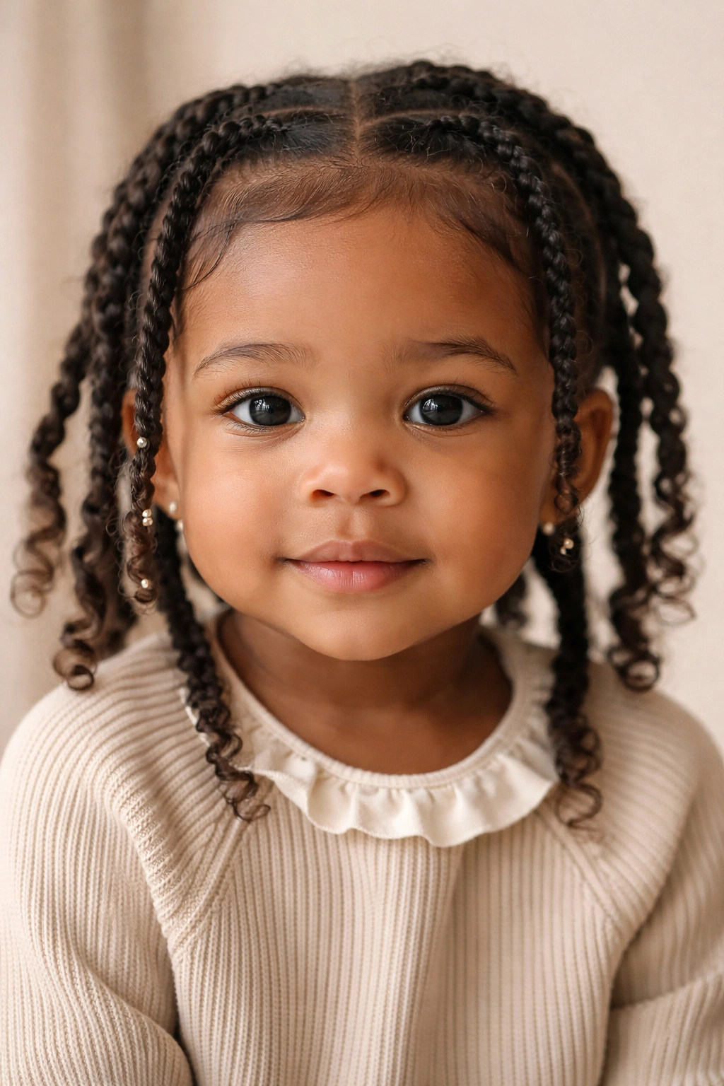 Toddler with loose braids and soft edges in a gentle protective hairstyle.