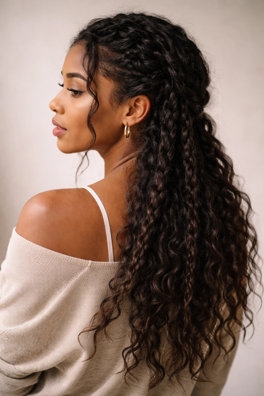Two to four loose braids with textured, bohemian vibe over the shoulders
