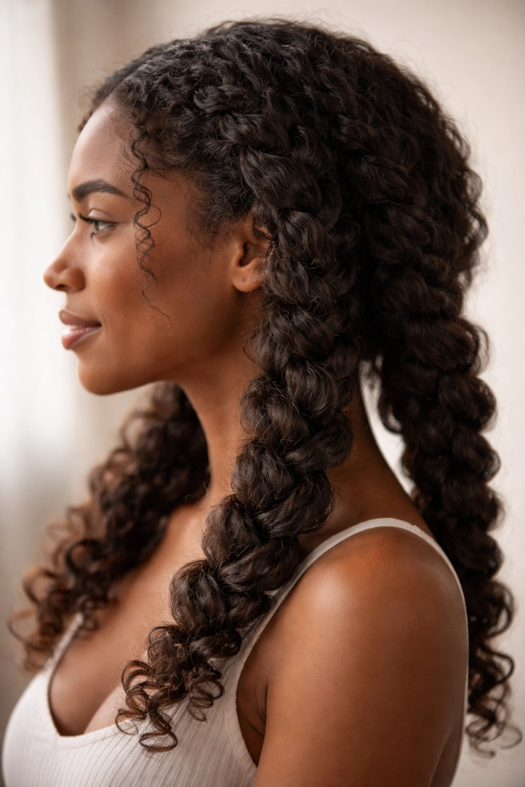 Head with three loose chunky braids showing texture