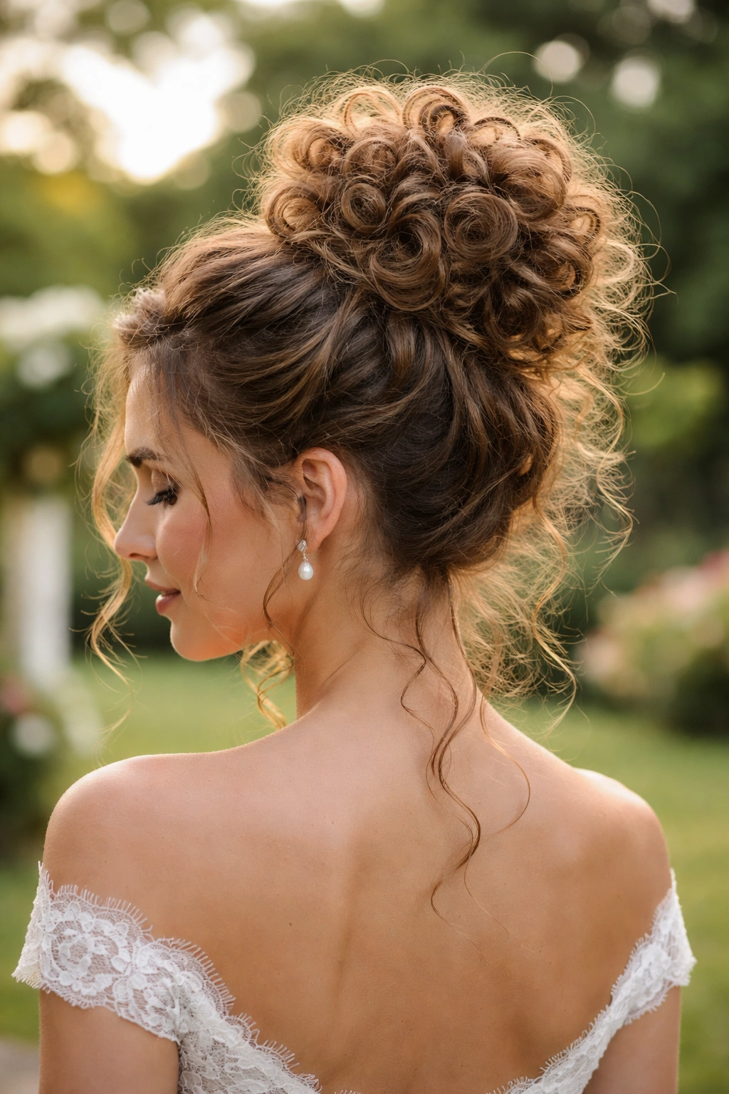 High loose coil topknot with textured curls outdoors