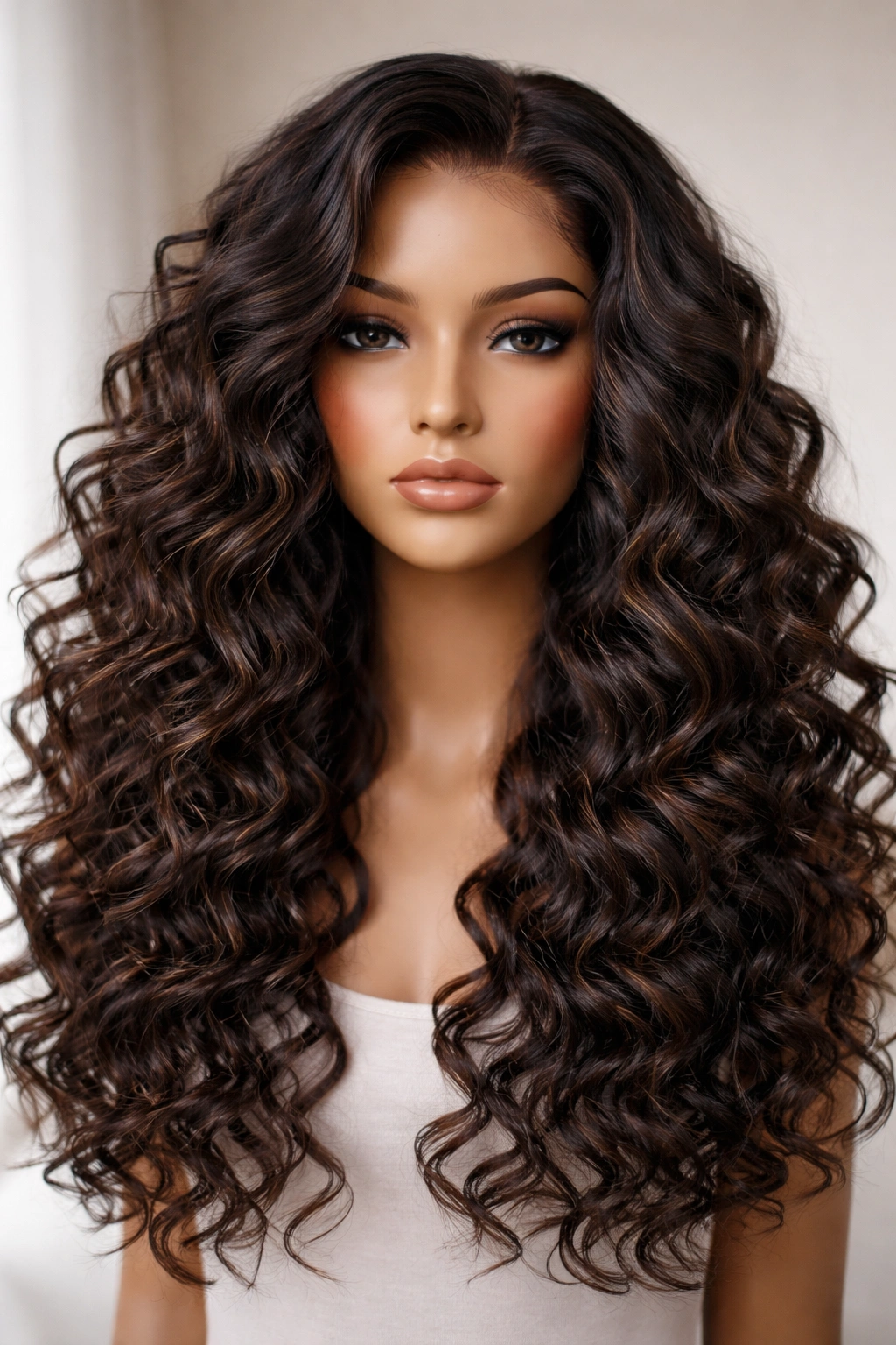 Loose bouncy curls frontal wig on a head form with 2-3C texture, soft natural light