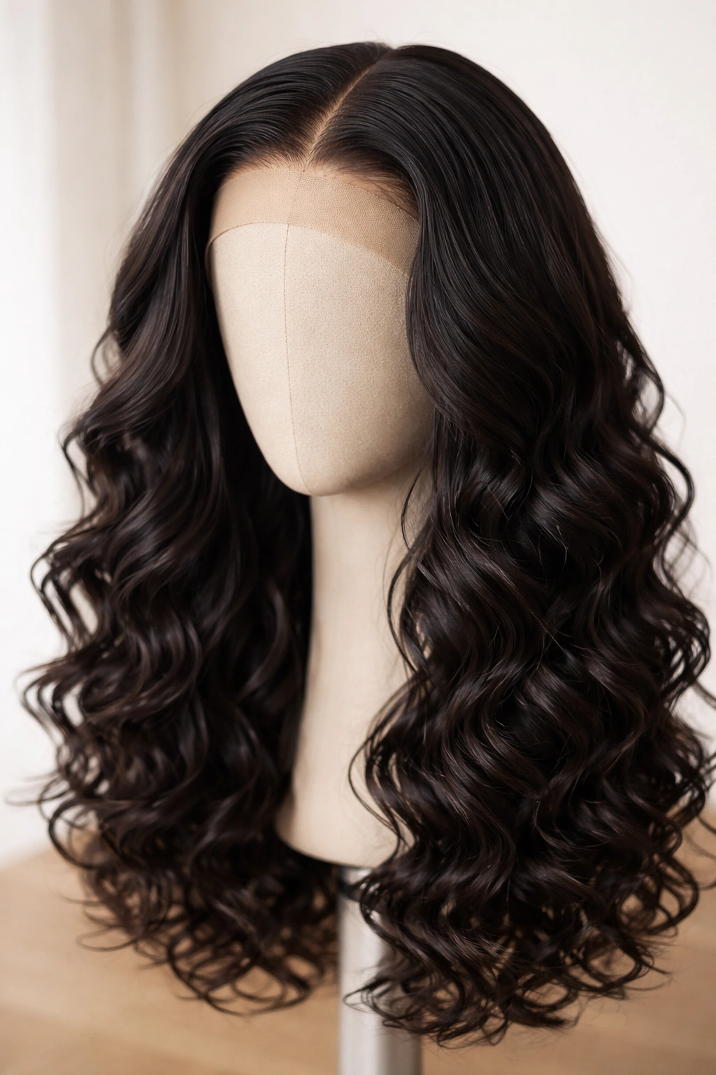 Lace-front wig with loose curls and natural hairline
