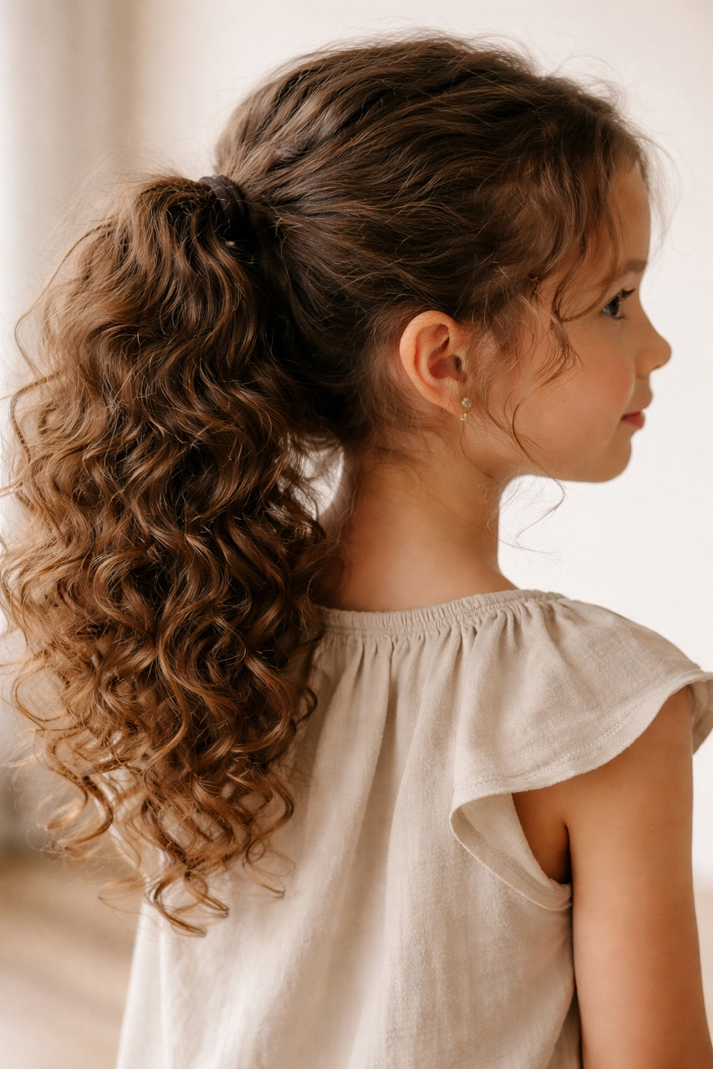 Profile view of a child with a loose curly wave ponytail