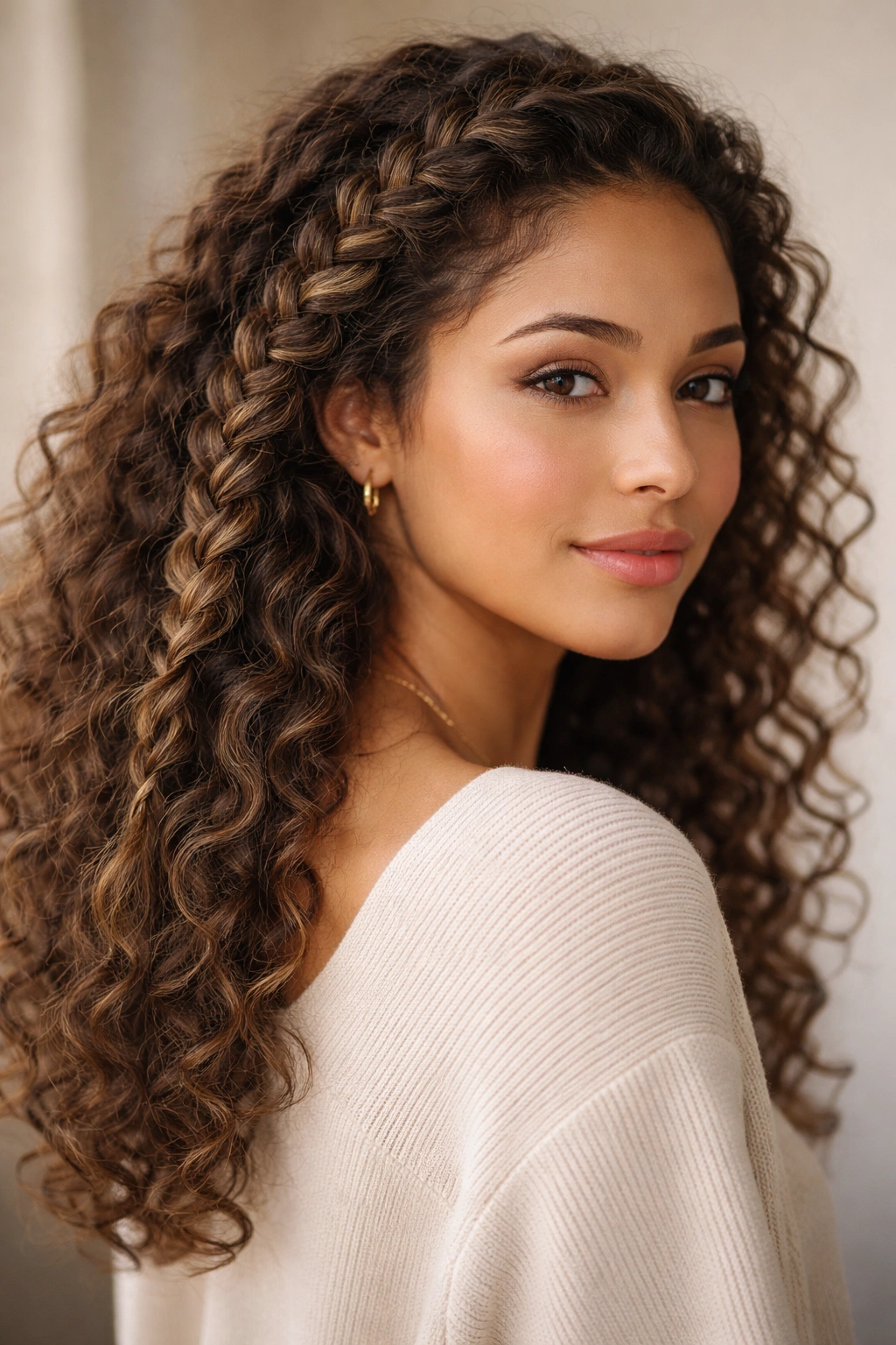 Curly head with loose Dutch braid on one side across the head