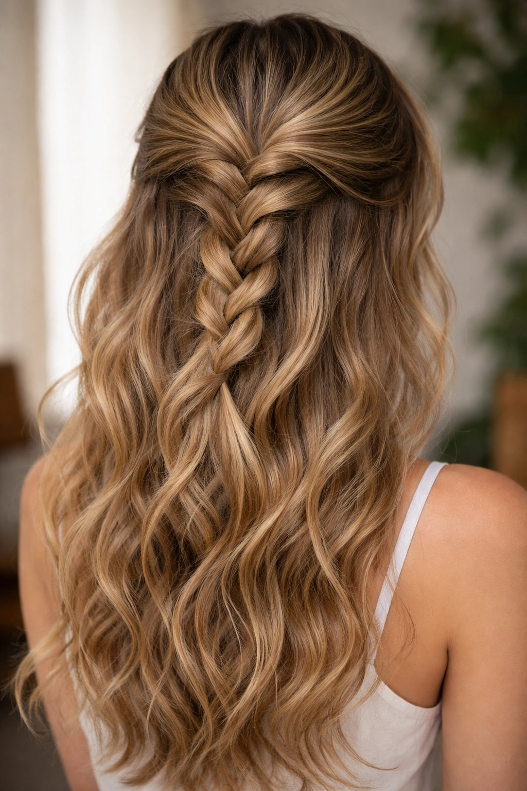 Loose half-up braid on wavy hair under soft studio light