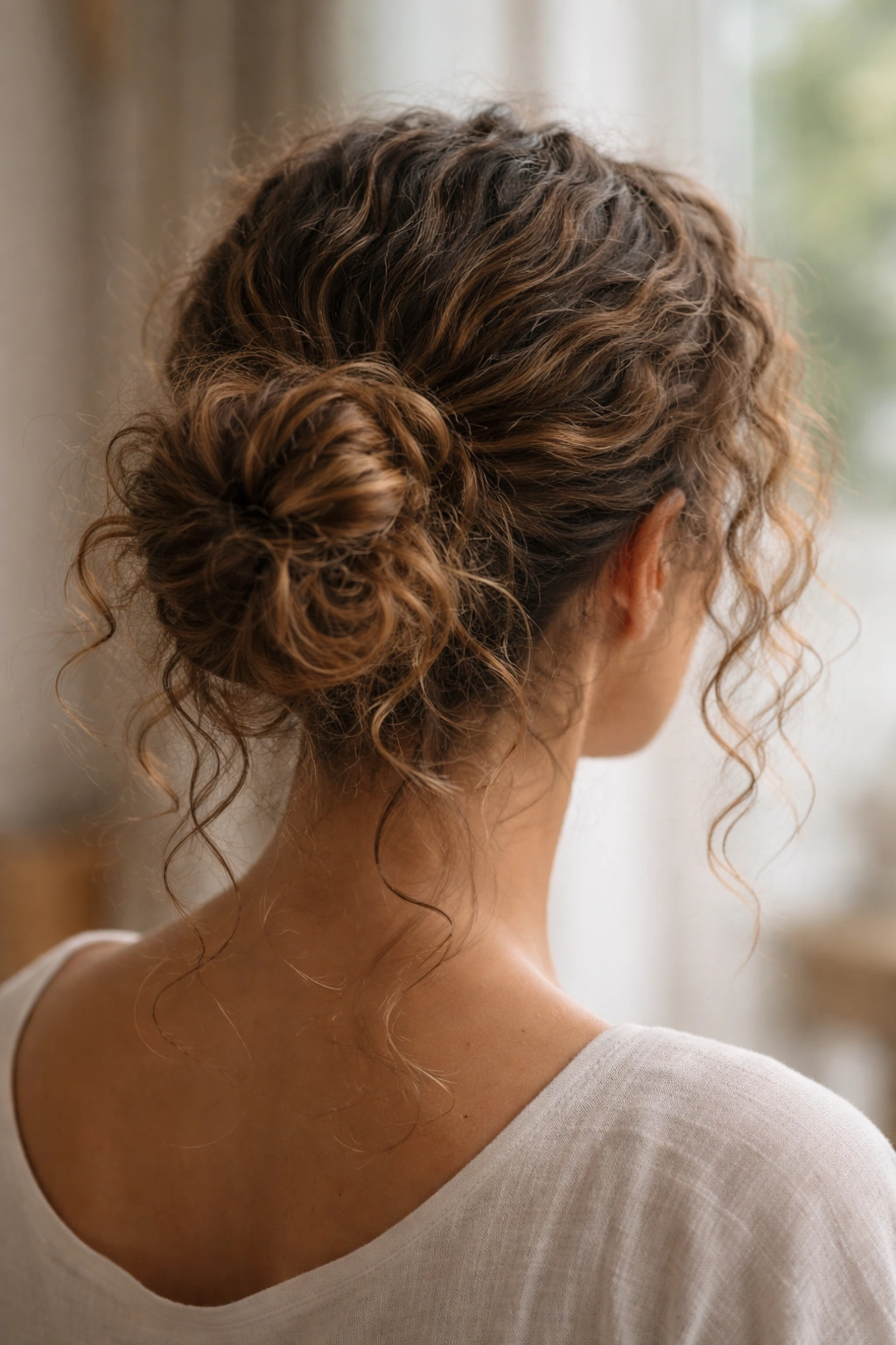 Loose knot bun with fly-away curls and textured hair