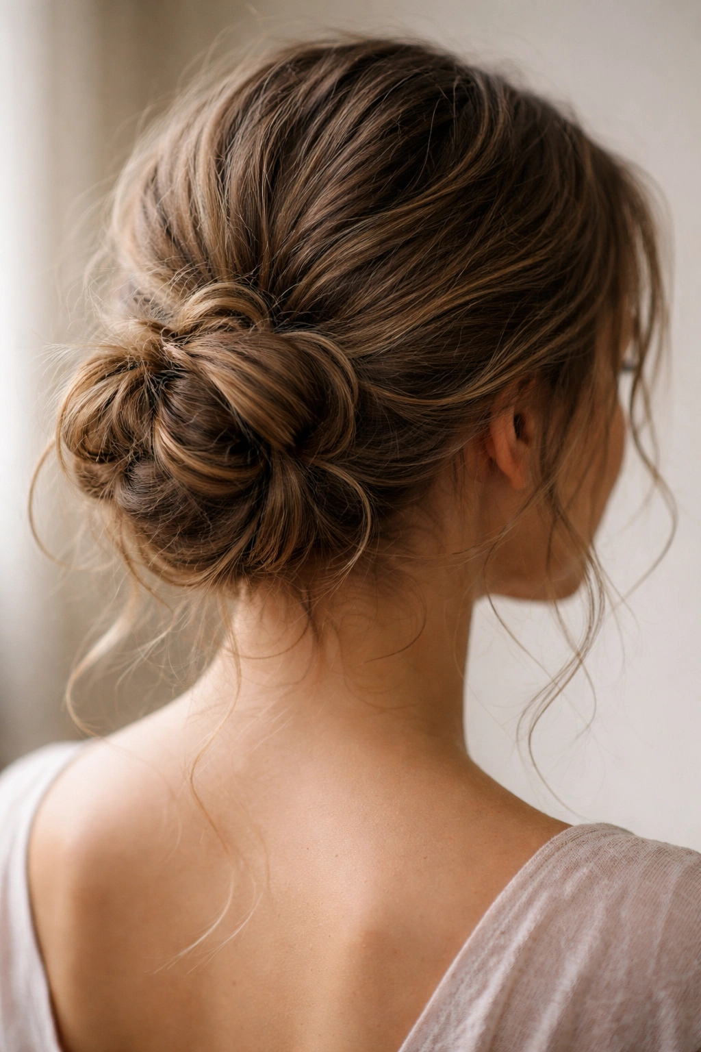 Low bun at the nape of the neck with loose coils and escape strands
