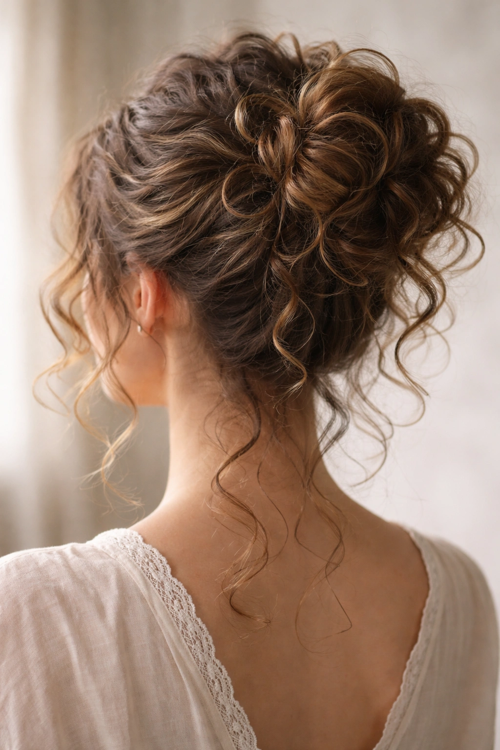 Back view of a loose romantic bun with curls escaping softly for a cloud-like silhouette