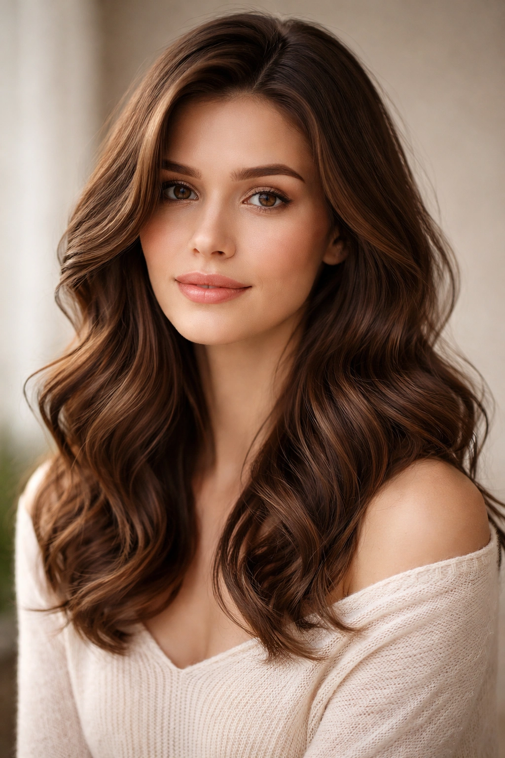 Portrait of person with loose romantic waves in medium brown hair