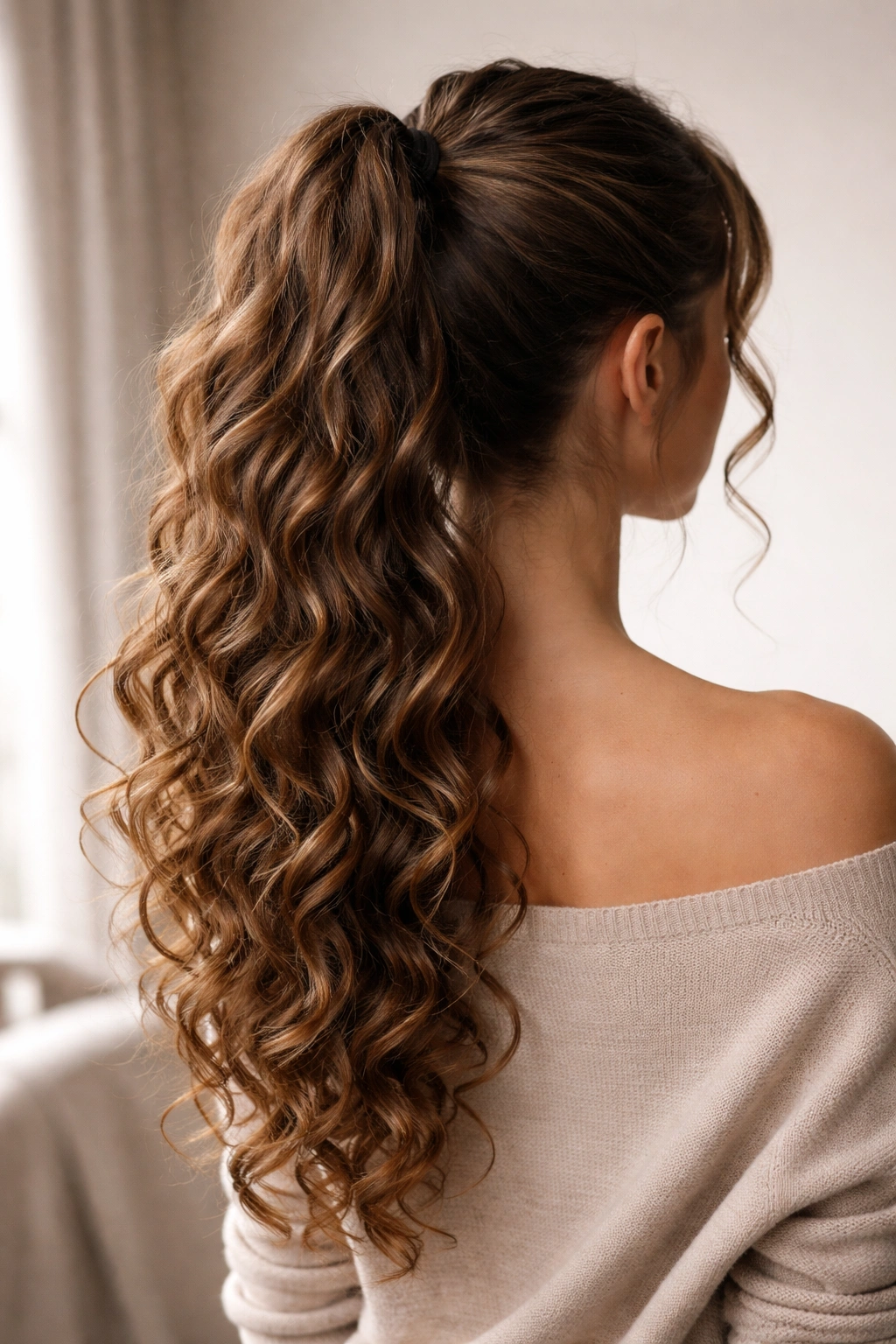 Back view of a high ponytail with loose spiral curls cascading down