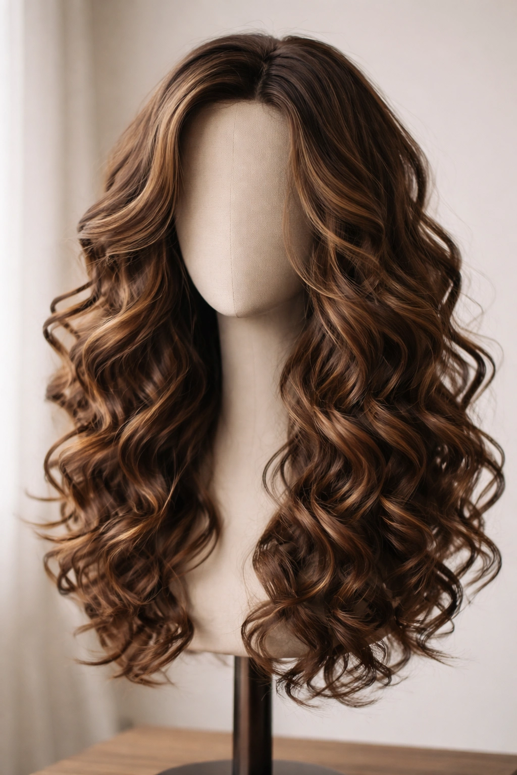 Close-up of a loose spiral curl wig showing varied spirals and movement.