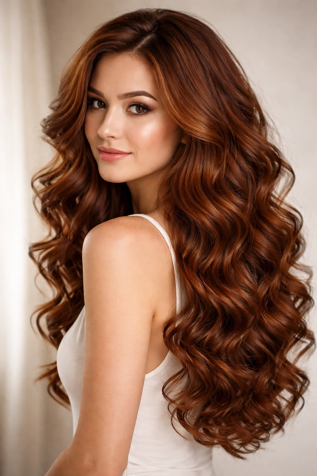 Loose spiral curls in warm auburn on long hair with soft definition