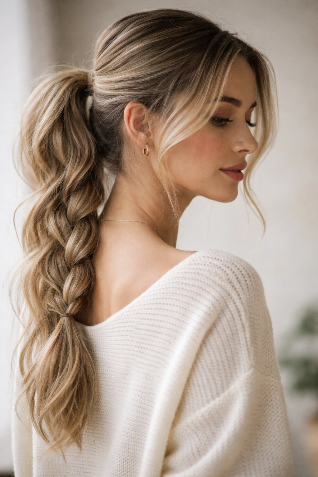 Relaxed three-strand braid into a loose low ponytail with airy texture.