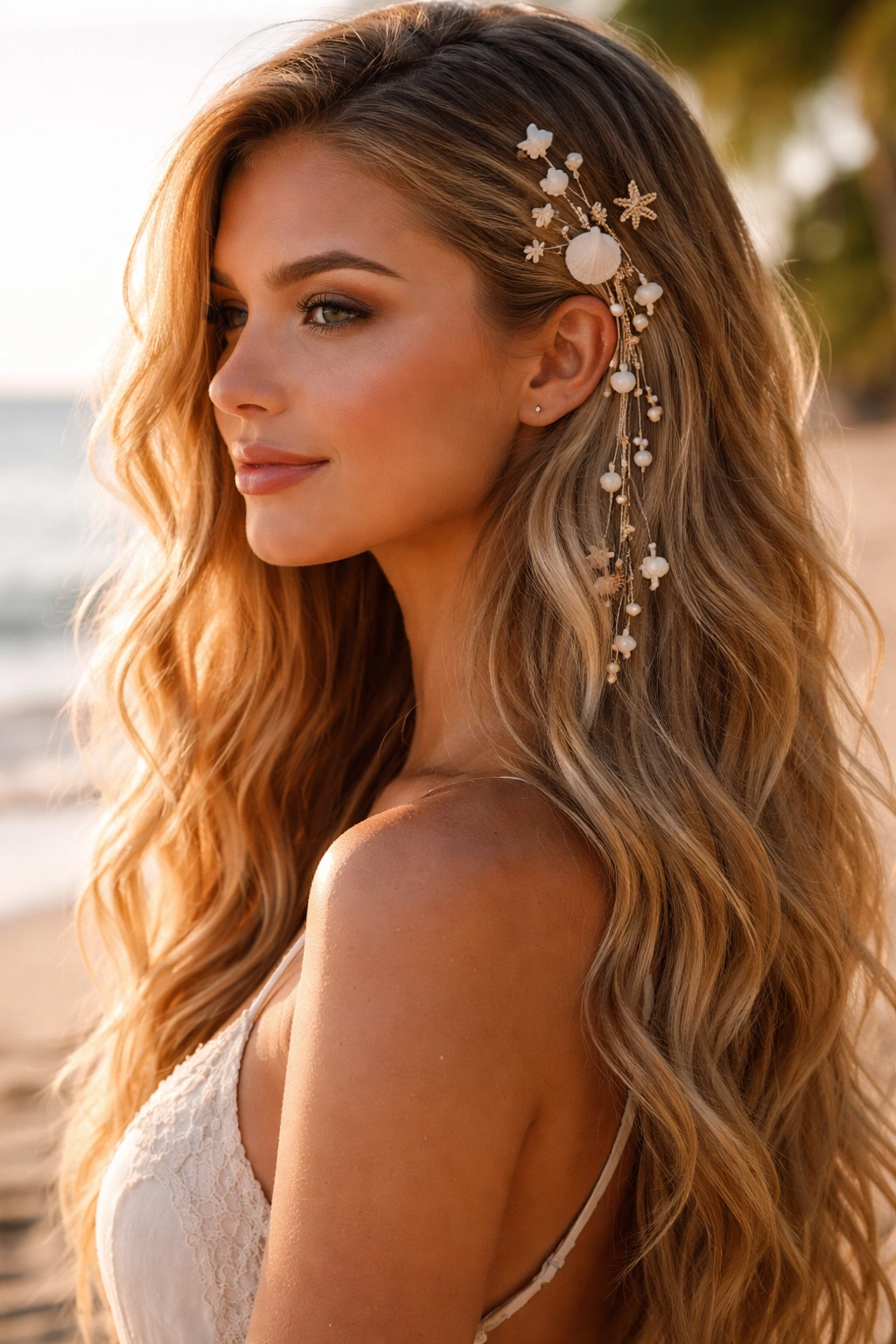 Loose beachy waves with delicate accessories along one side