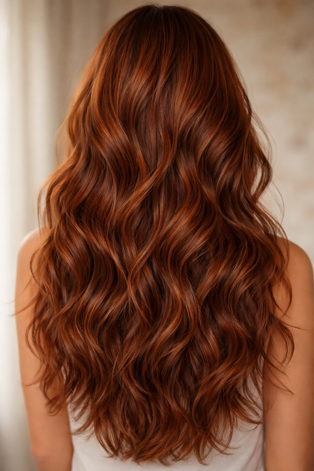 Close-up of long auburn hair with loose beachy waves and layered texture