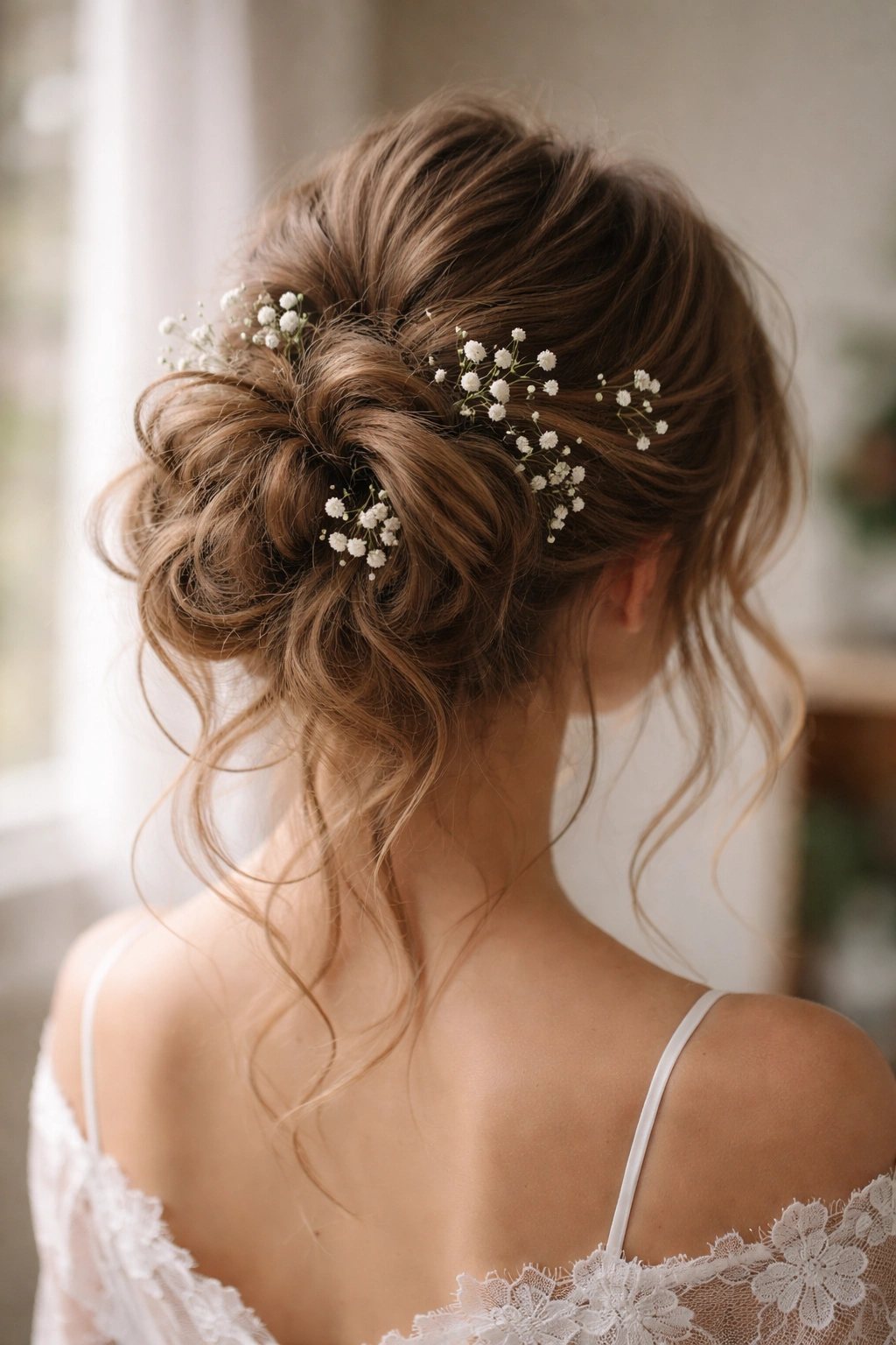 Loose waves with baby's breath tucked into a relaxed bun