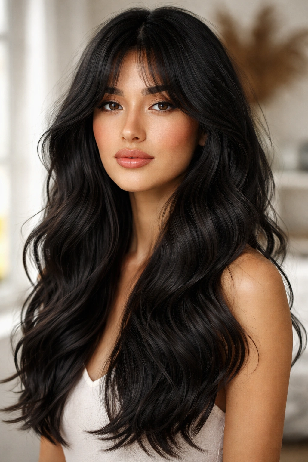 Black hair with loose beach waves and curtain bangs framing the face