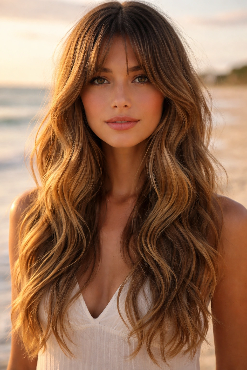 Close-up of loose waves with curtain bangs on beach, face-framing center-parted hair with textured waves