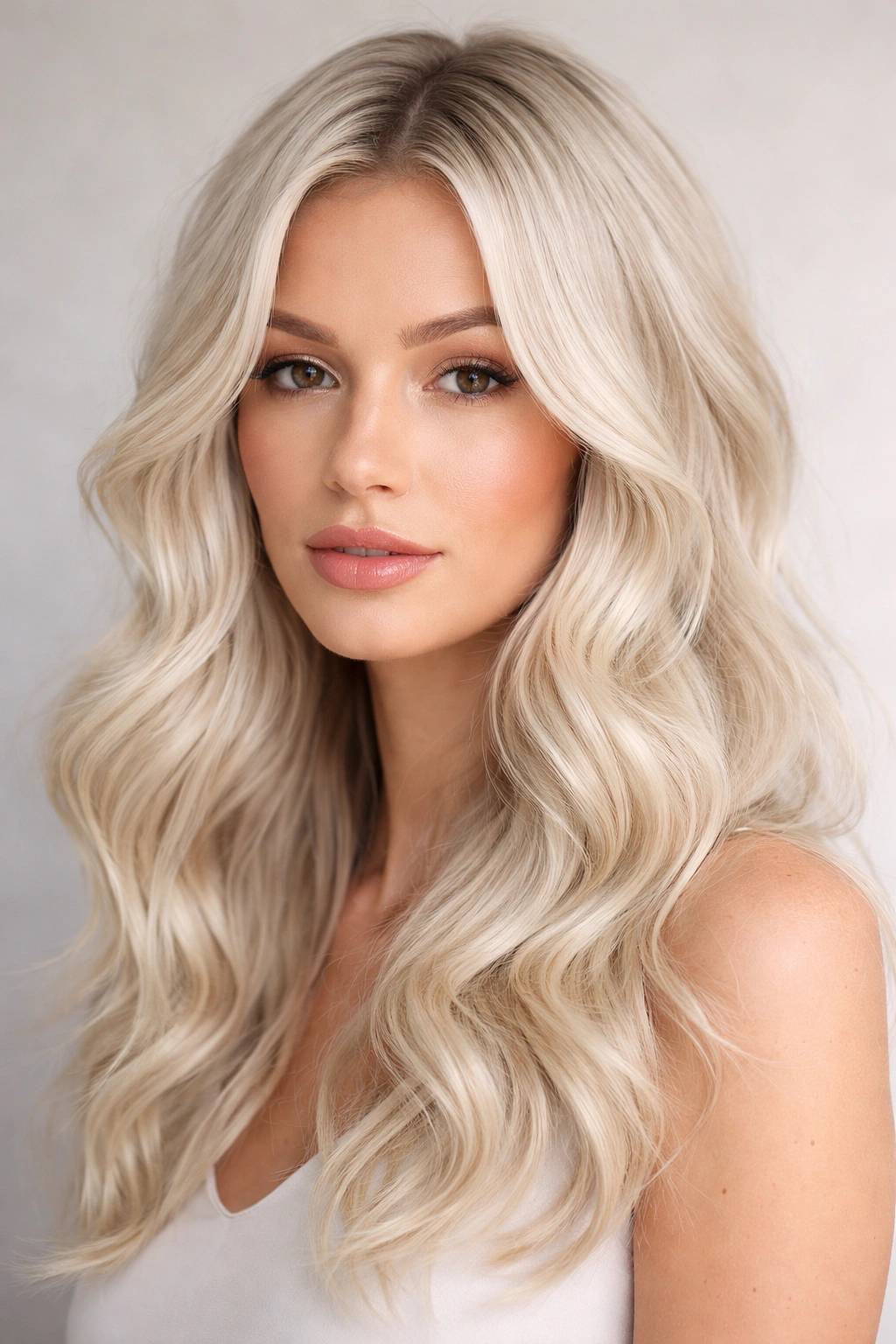 Platinum blonde loose waves with cheekbone-length face-framing pieces