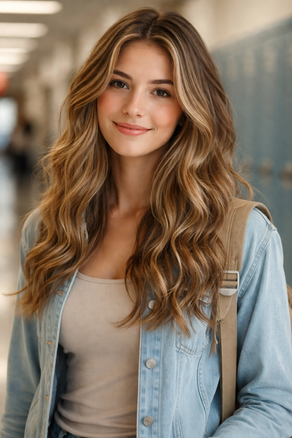 Close-up of loose beach waves on a student in a school hallway