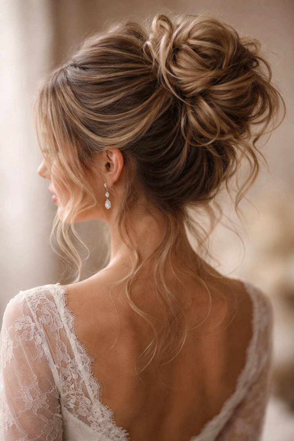 Romantic loose-waves messy bun viewed from behind with soft face framing.
