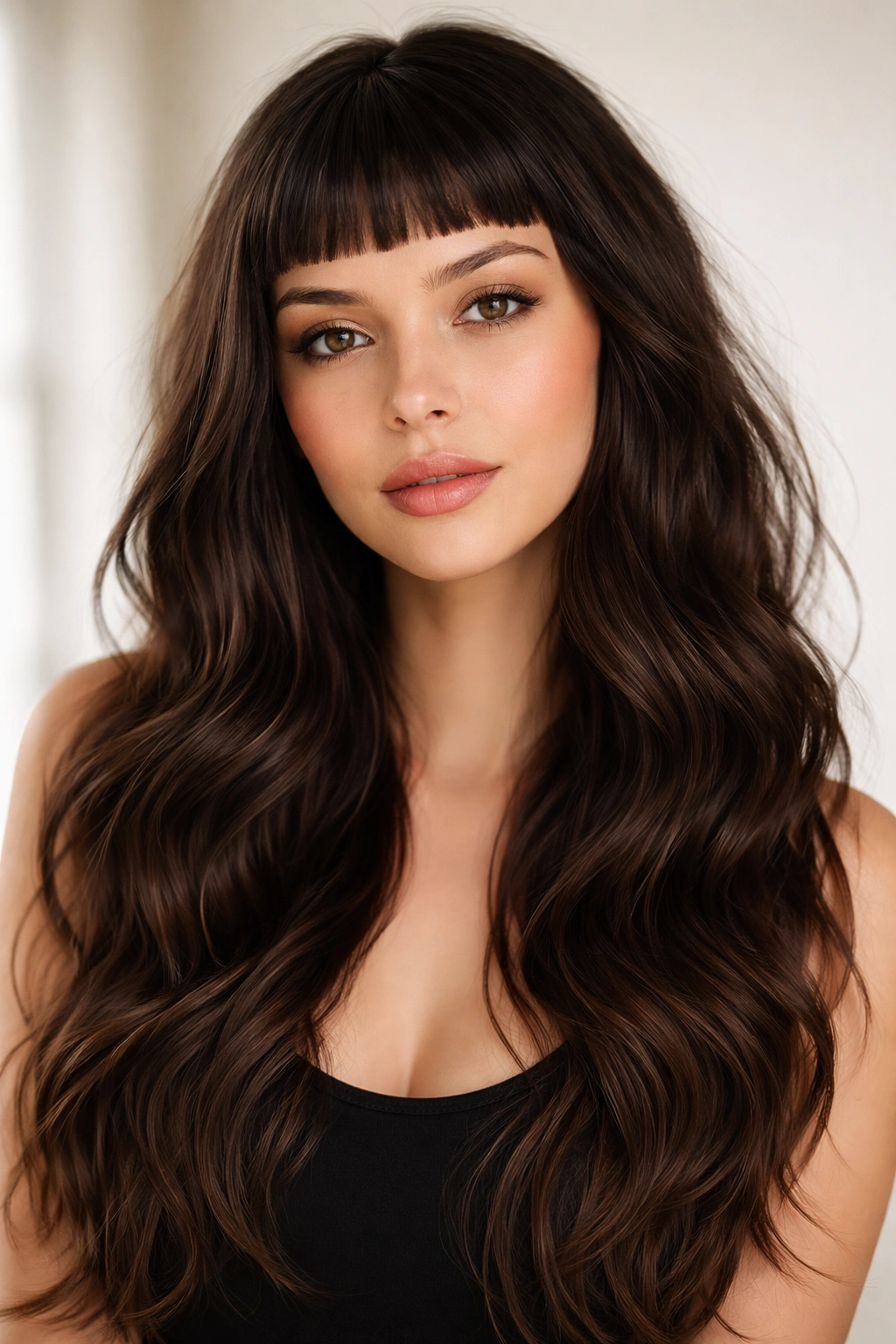 Model with long loose waves and micro bangs in a bright studio