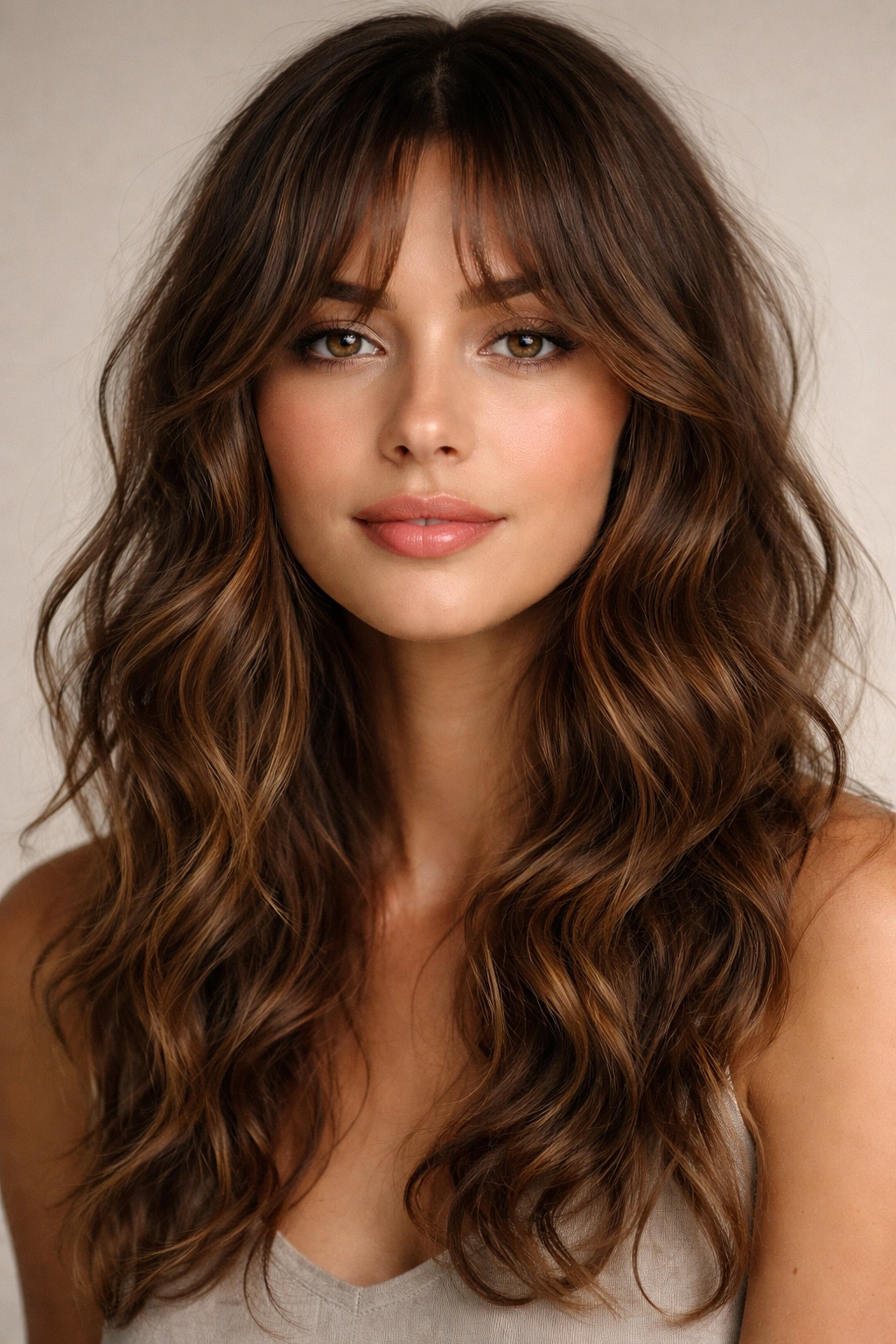 Loose waves with textured piece-y curtain bangs