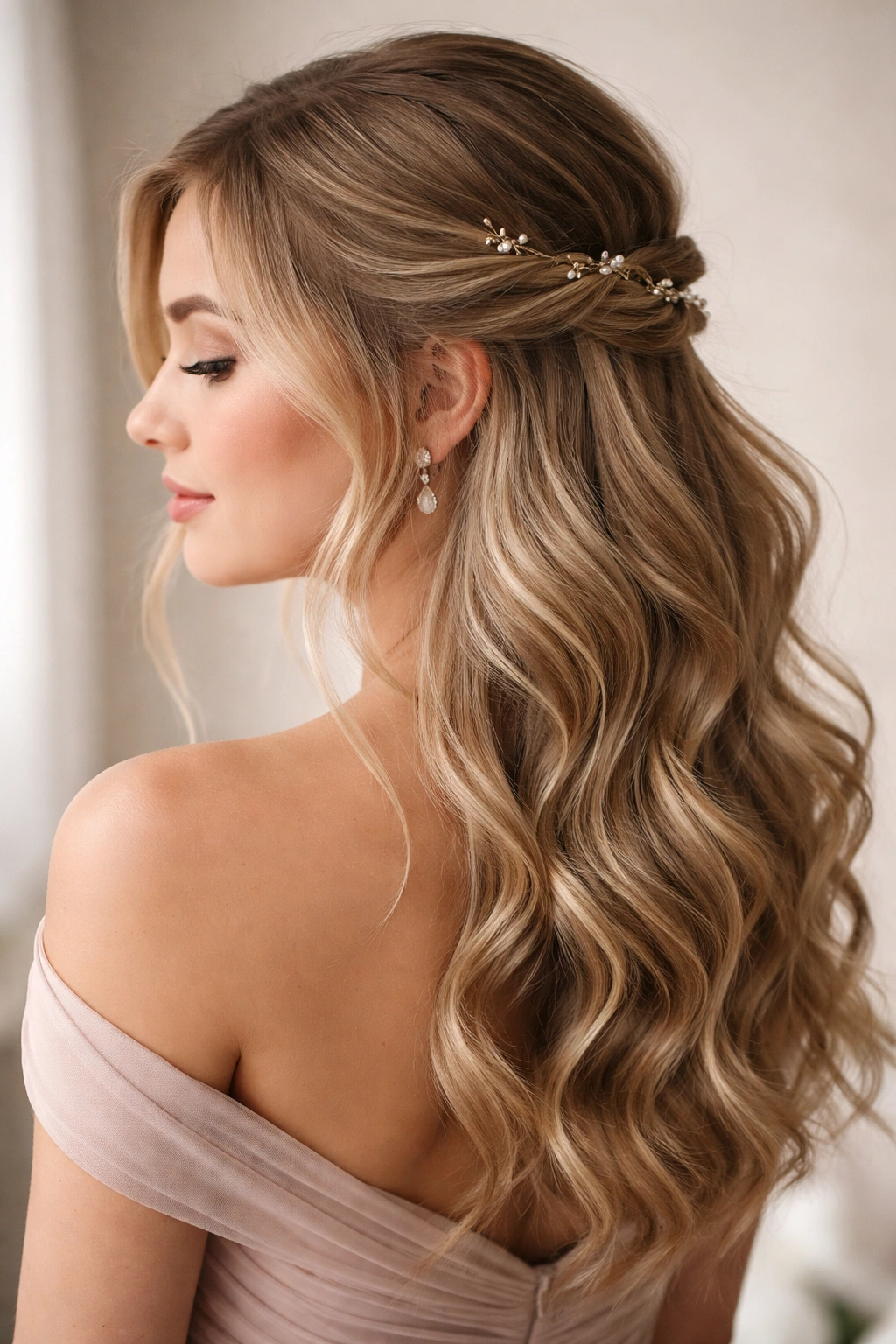 Bridesmaid with loose waves and pinned pieces for dimension