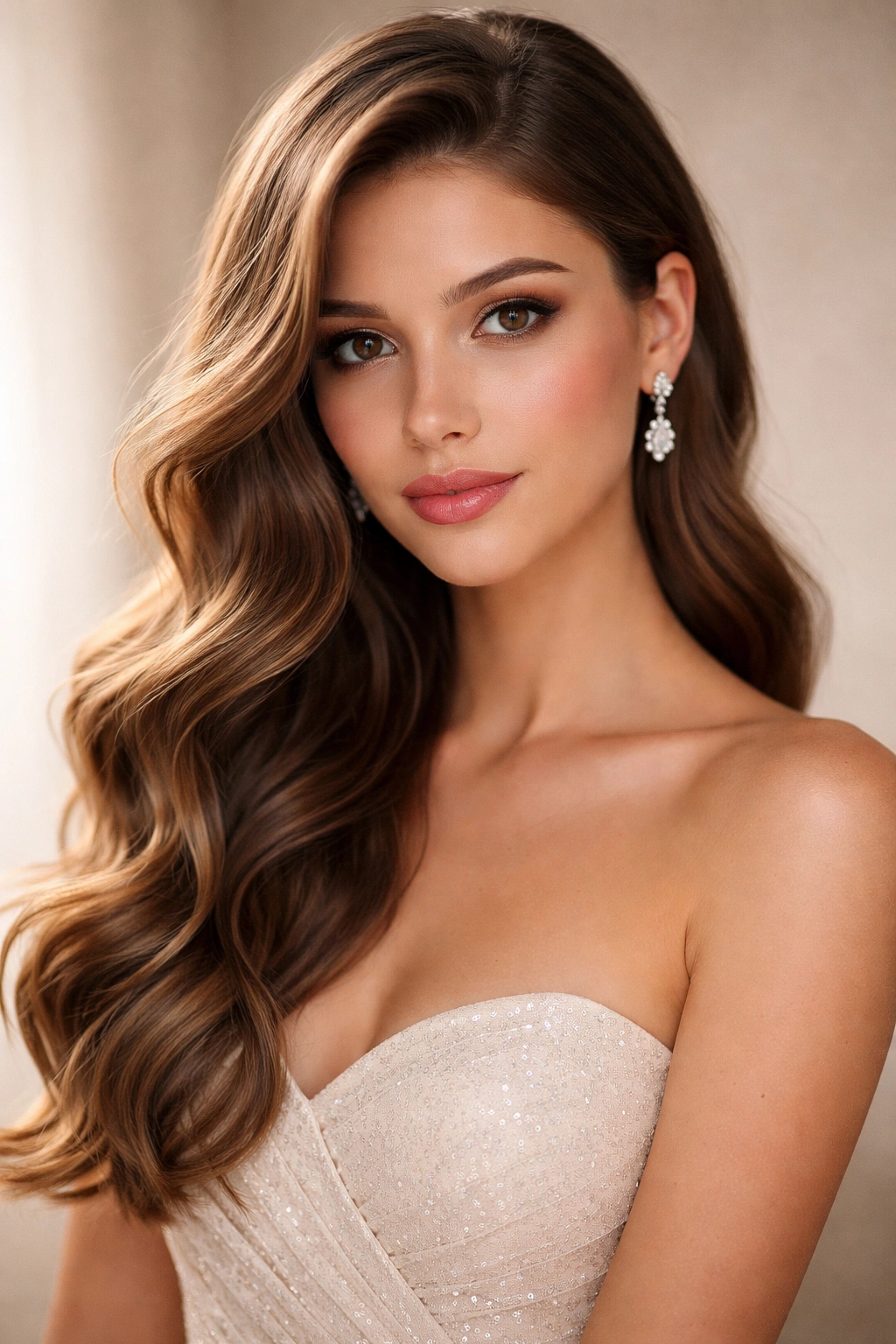 Close-up view of soft loose waves and a romantic side sweep on one shoulder