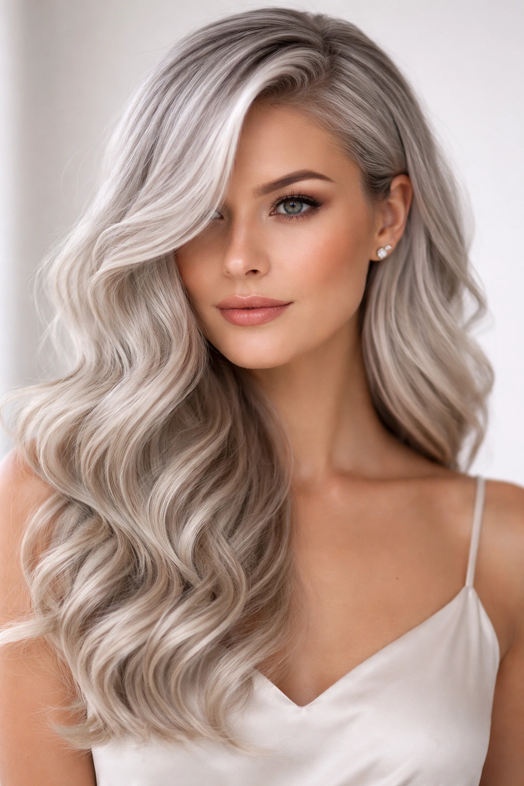 Silver hair with a deep side part and loose waves