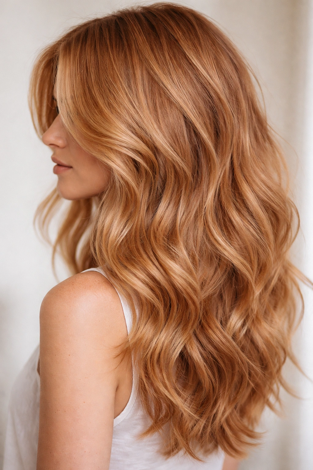 Close-up of loose waves with textured layers in strawberry blonde hair, studio lighting