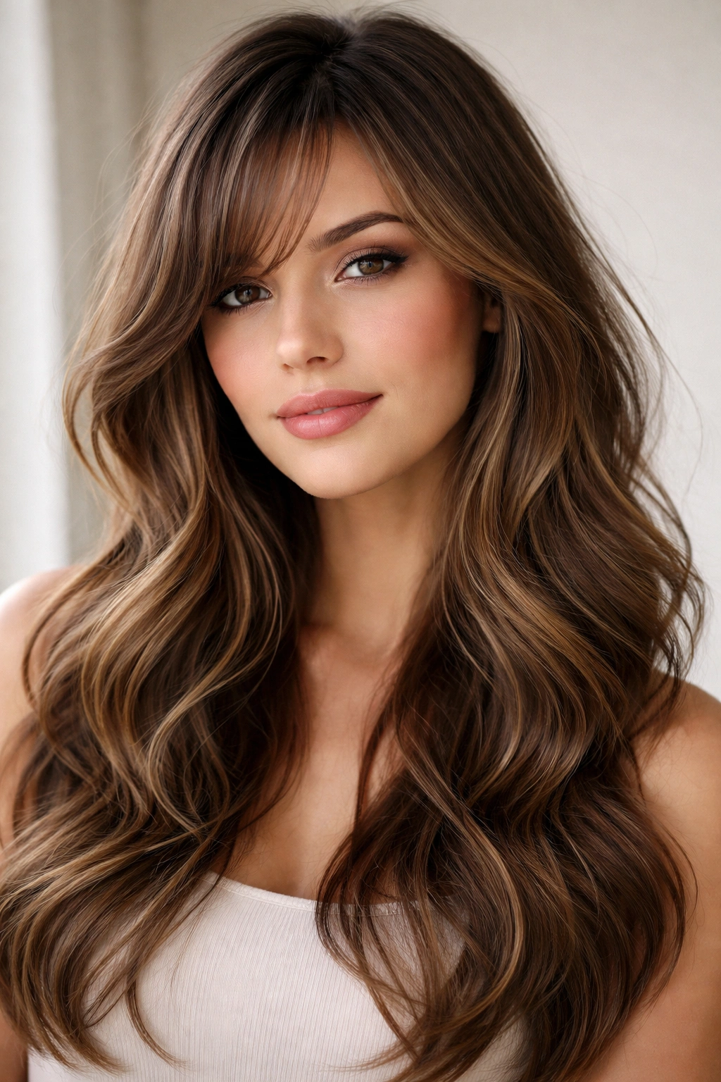 Close-up portrait of loose waves with wispy side bangs in soft studio lighting