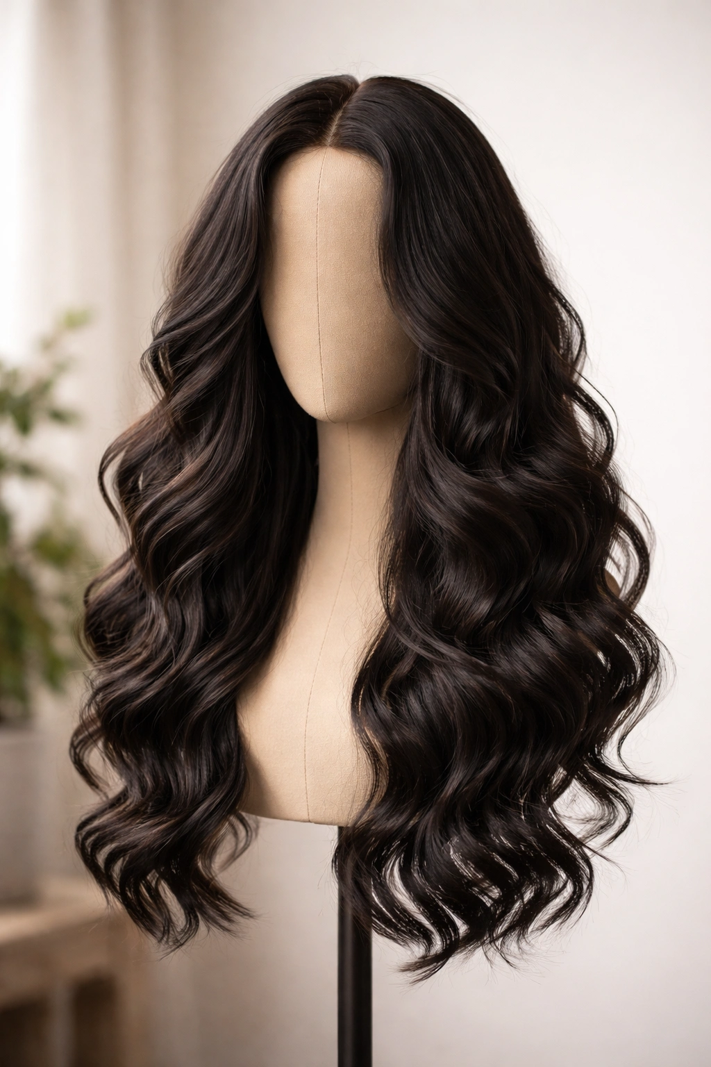 Loose wavy curls wig displayed on a neutral mannequin head in a minimal studio setting.
