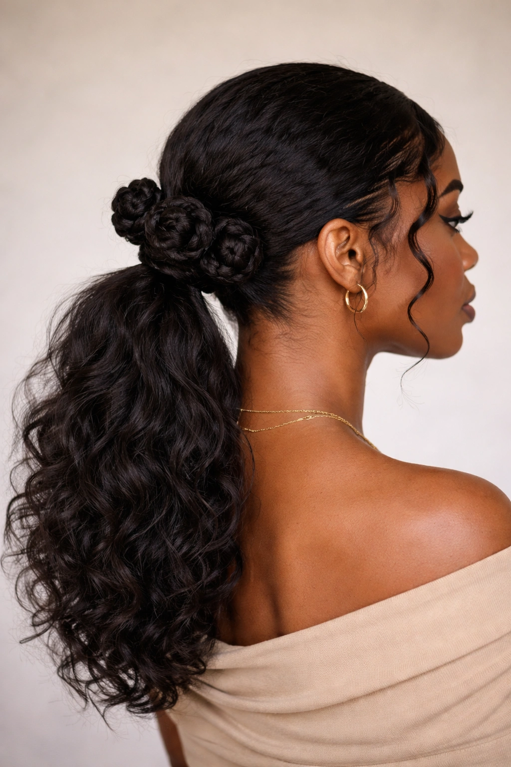 Low nape ponytail with large, loose bantu knots and textured detailing.