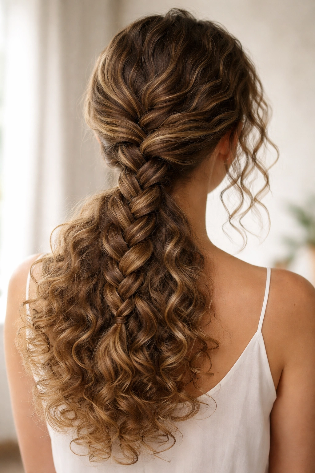 Back view of a low braided ponytail with a three-strand braid