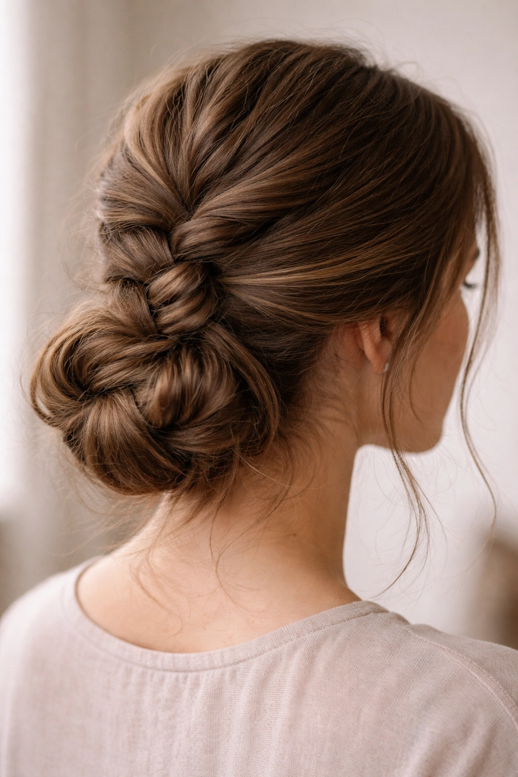 The Low Braided Wrap Bun with a long braid wrapped into a low bun at the nape