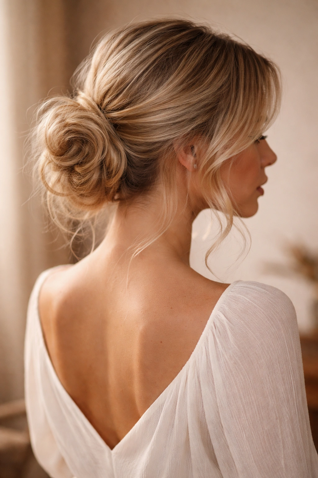 Low, romantic messy bun at nape of neck on blonde hair with soft waves