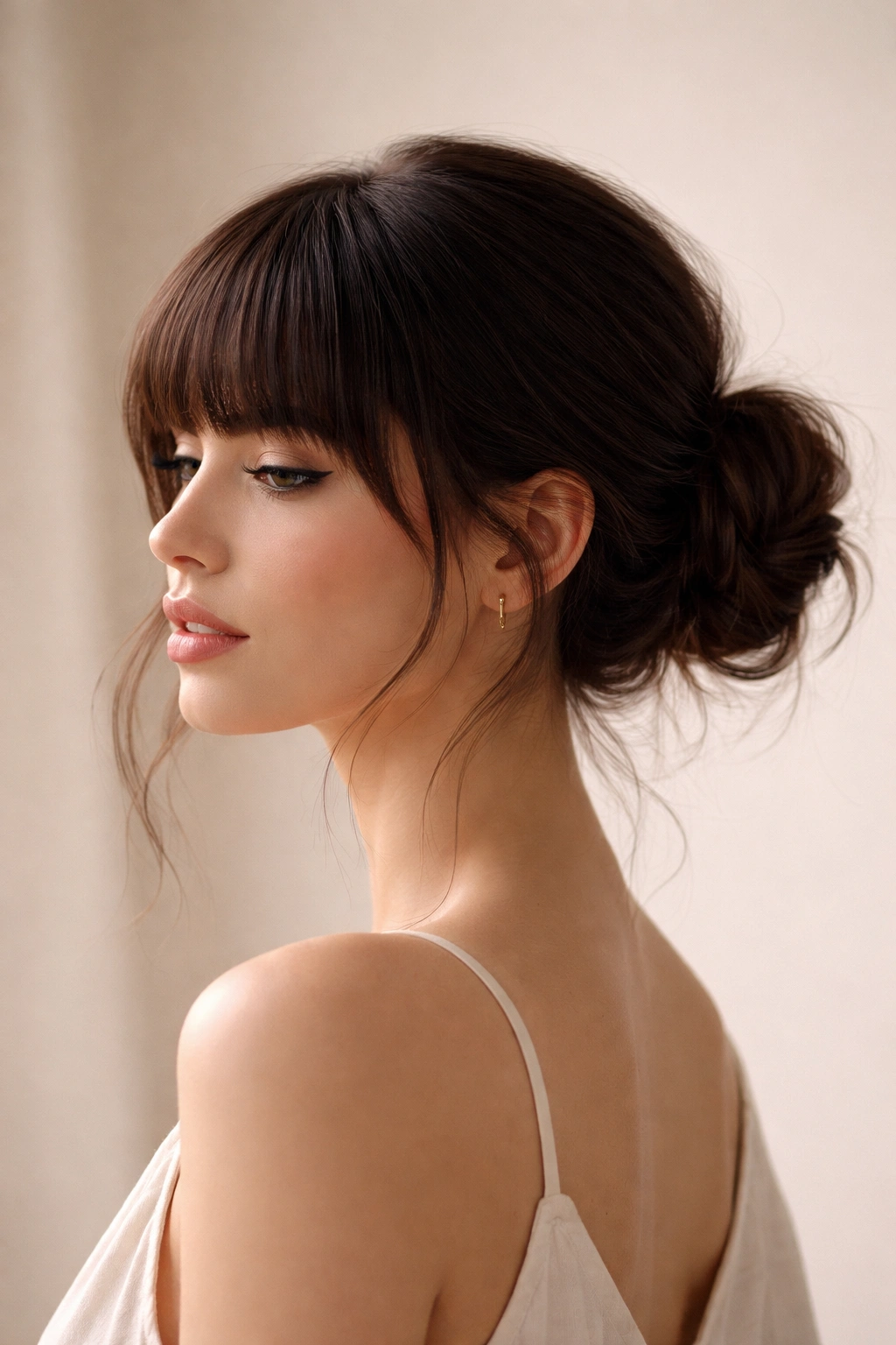 Low romantic messy bun with blunt bangs at nape