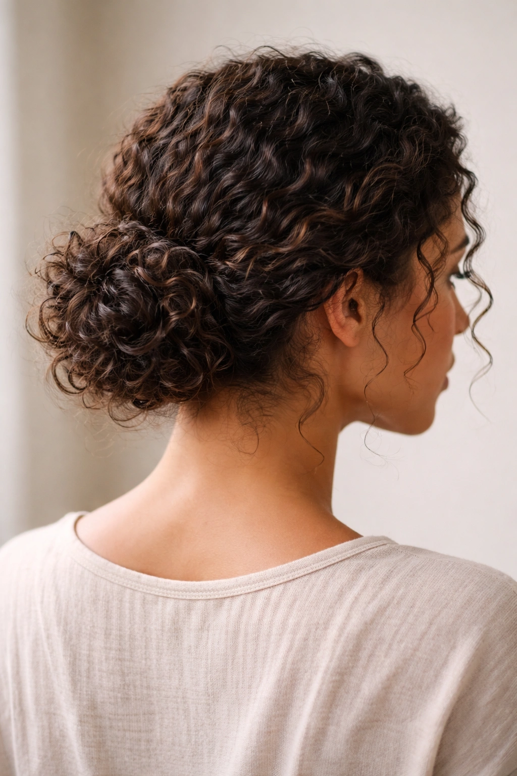 Low bun at nape showing curl texture and volume